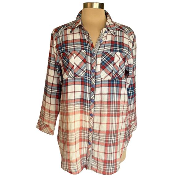 Aratta Silent Journey Mixed Print Flannel Chiffon Button Up Shirt Boho Size MED - Picture 2 of 15